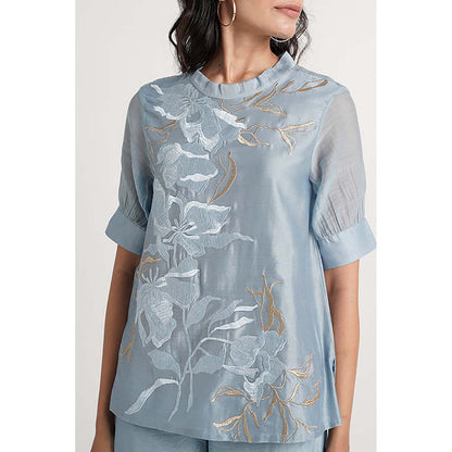 MADDER MUCH Blue Cotton Crew Neck Embroidered Top With Pant