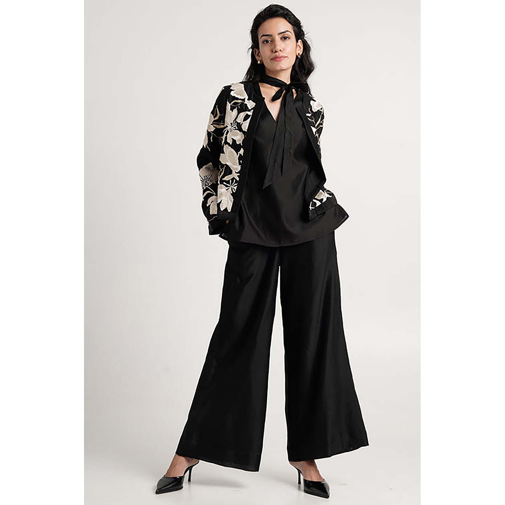 MADDER MUCH Black Cotton V-Neck Embroidered Top With Pant And Shrug