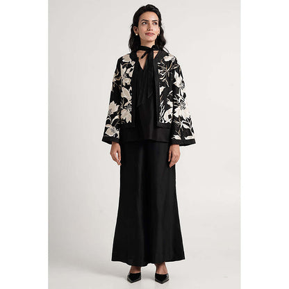 MADDER MUCH Black Cotton V-Neck Embroidered Top With Pant And Shrug