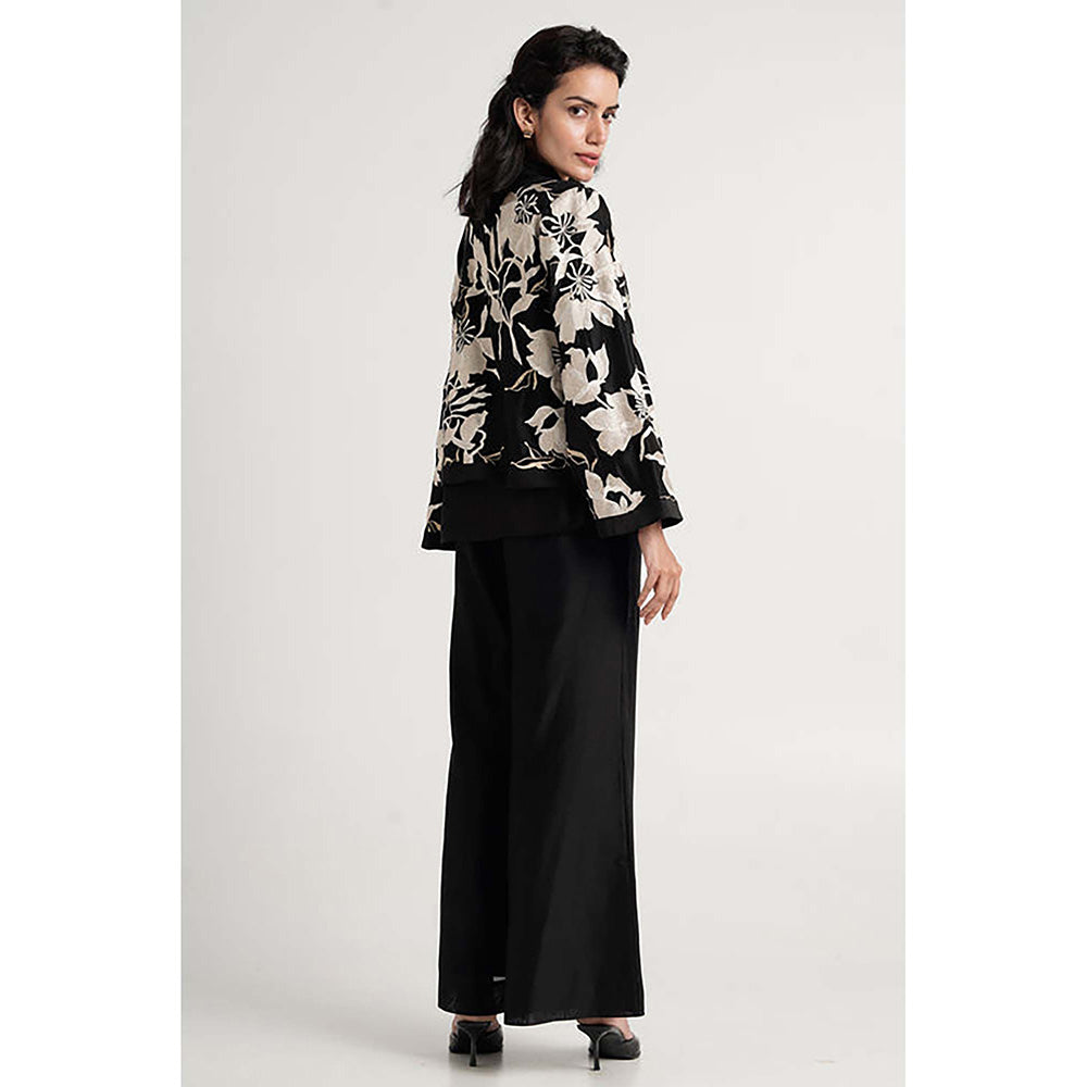 MADDER MUCH Black Cotton V-Neck Embroidered Top With Pant And Shrug