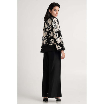 MADDER MUCH Black Cotton V-Neck Embroidered Top With Pant And Shrug