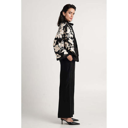 MADDER MUCH Black Cotton V-Neck Embroidered Top With Pant And Shrug