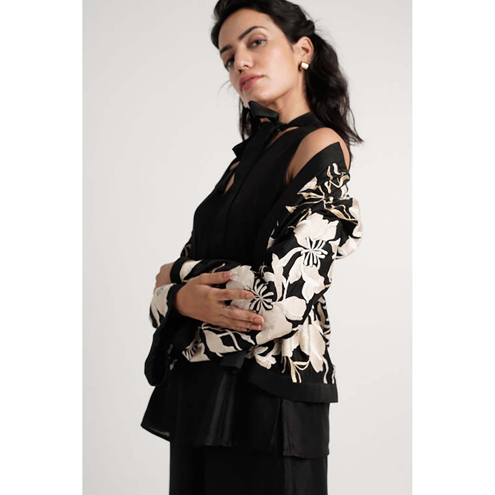 MADDER MUCH Black Cotton V-Neck Embroidered Top With Pant And Shrug
