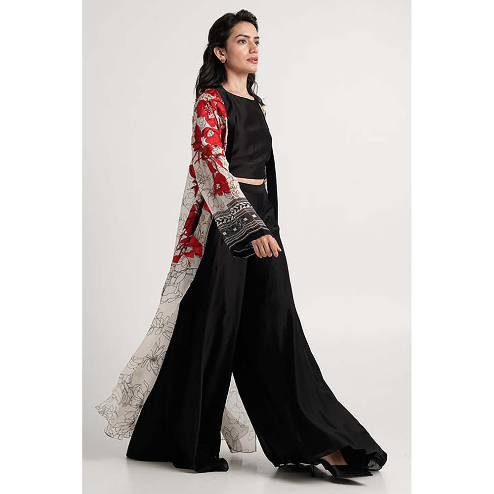 MADDER MUCH Cotton Black Crew Neck Embroidered Top With Palazzo And Overlay Jacket