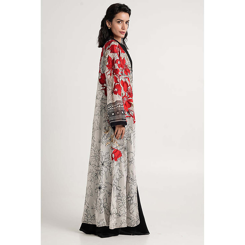 MADDER MUCH Cotton Black Crew Neck Embroidered Top With Palazzo And Overlay Jacket