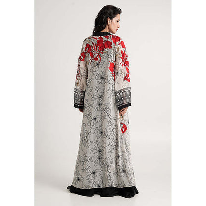 MADDER MUCH Cotton Black Crew Neck Embroidered Top With Palazzo And Overlay Jacket