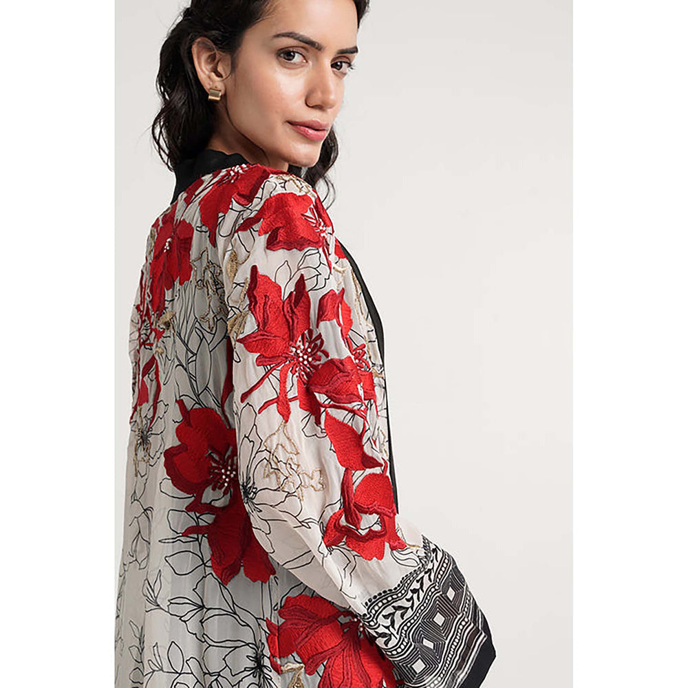 MADDER MUCH Cotton Black Crew Neck Embroidered Top With Palazzo And Overlay Jacket