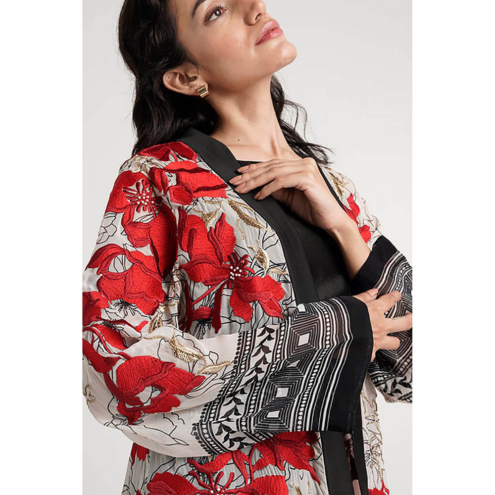 MADDER MUCH Cotton Black Crew Neck Embroidered Top With Palazzo And Overlay Jacket