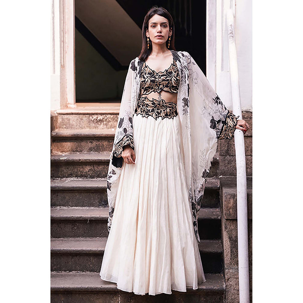 MADDER MUCH Black Cotton Round Neck Embroidered Bustier With Cape And Skirt