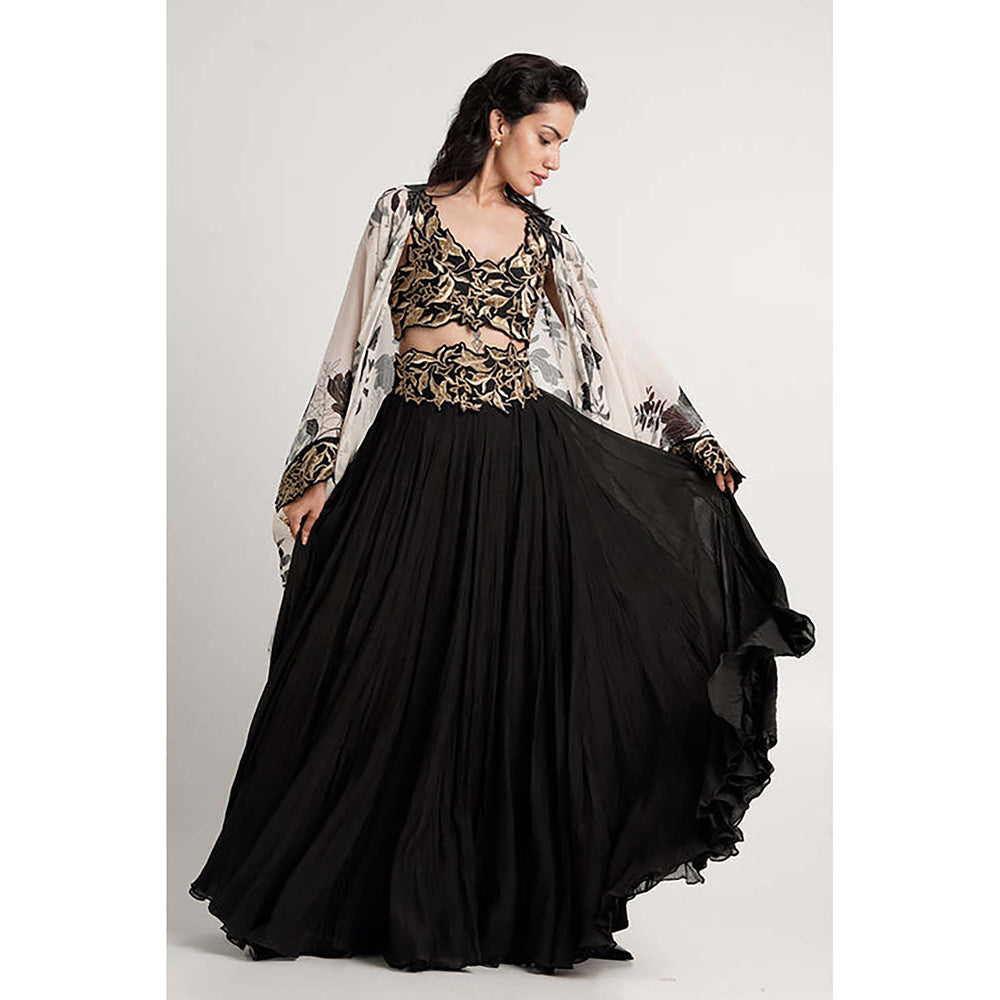 MADDER MUCH Black Cotton Round Neck Embroidered Bustier With Cape And Skirt