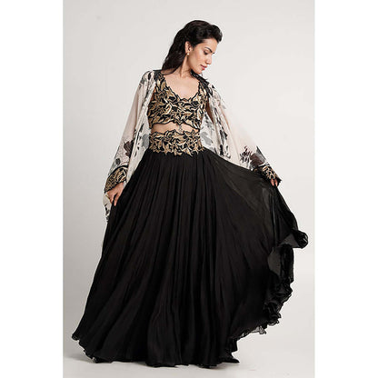 MADDER MUCH Black Cotton Round Neck Embroidered Bustier With Cape And Skirt