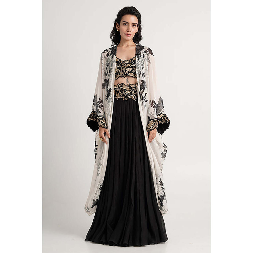 MADDER MUCH Black Cotton Round Neck Embroidered Bustier With Cape And Skirt