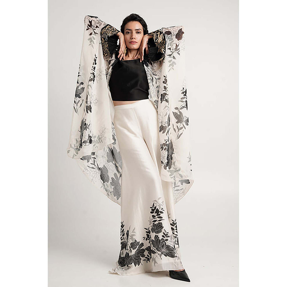 MADDER MUCH Chanderi Black Round Neck Printed Top With Palazzo And Jacket