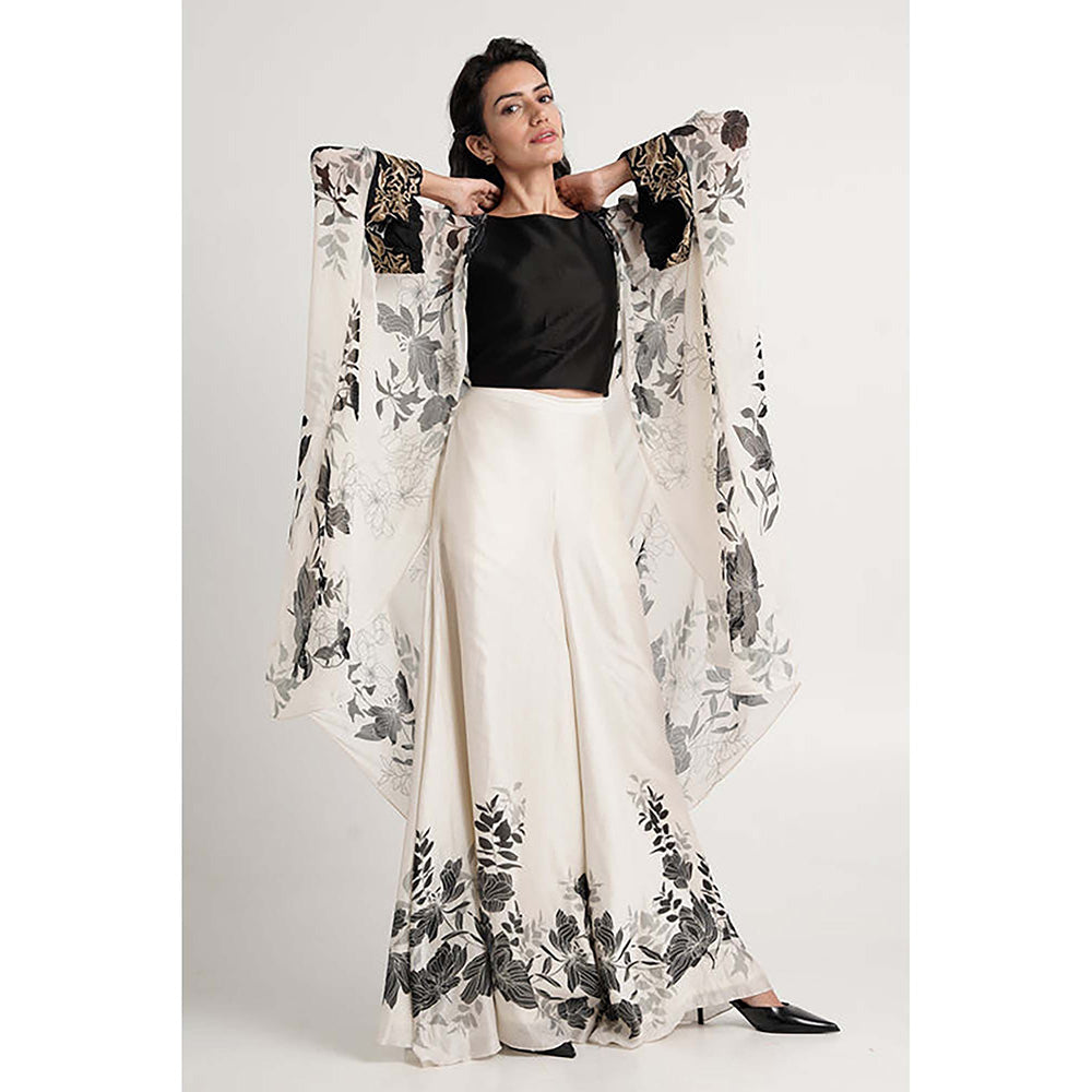 MADDER MUCH Chanderi Black Round Neck Printed Top With Palazzo And Jacket