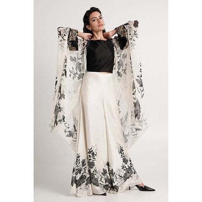 MADDER MUCH Chanderi Black Round Neck Printed Top With Palazzo And Jacket