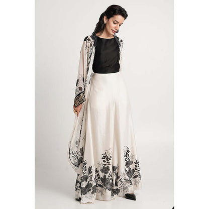 MADDER MUCH Chanderi Black Round Neck Printed Top With Palazzo And Jacket