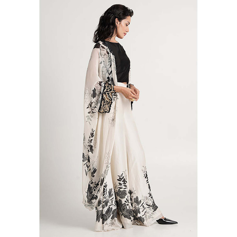 MADDER MUCH Chanderi Black Round Neck Printed Top With Palazzo And Jacket