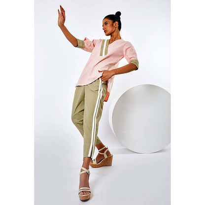 MADDER MUCH Cotton Pink Mandarin Neck Solid/Plain Top With Pant Co-Ord's