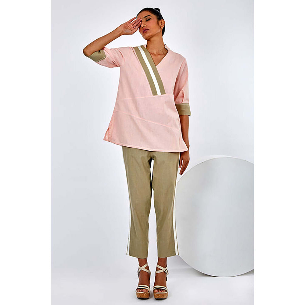 MADDER MUCH Cotton Pink Mandarin Neck Solid/Plain Top With Pant Co-Ord's
