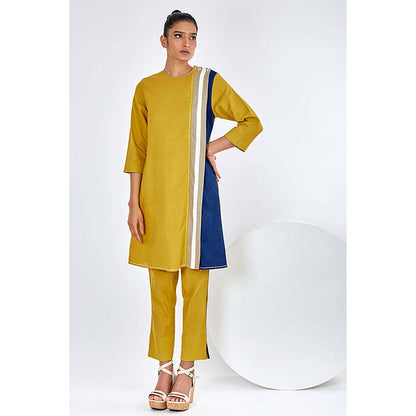 MADDER MUCH Mustard Cotton Round Neck Stripes Top With Pant
