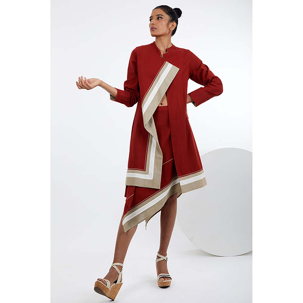 MADDER MUCH Red Cotton Asymmetrical Stripes Bustier With Jacket And Skirt