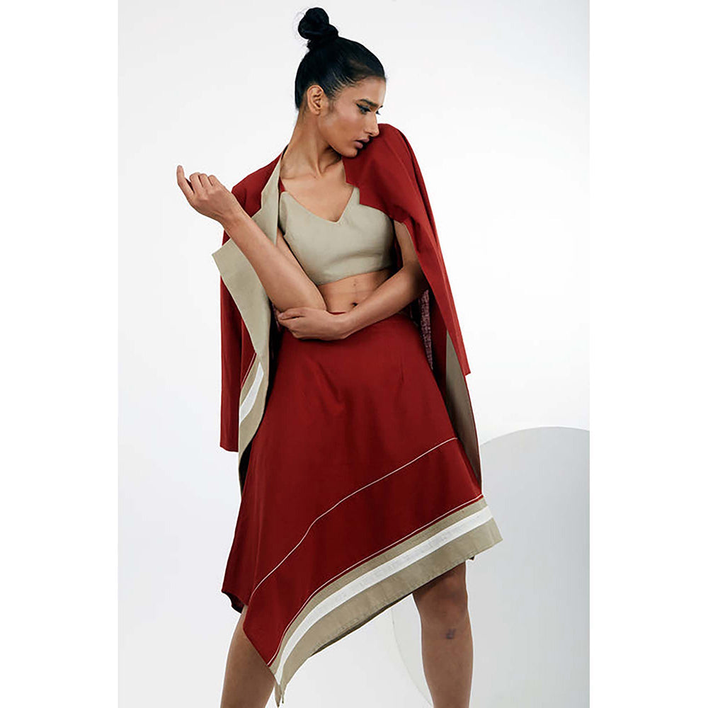 MADDER MUCH Red Cotton Asymmetrical Stripes Bustier With Jacket And Skirt