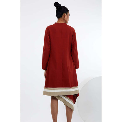 MADDER MUCH Red Cotton Asymmetrical Stripes Bustier With Jacket And Skirt