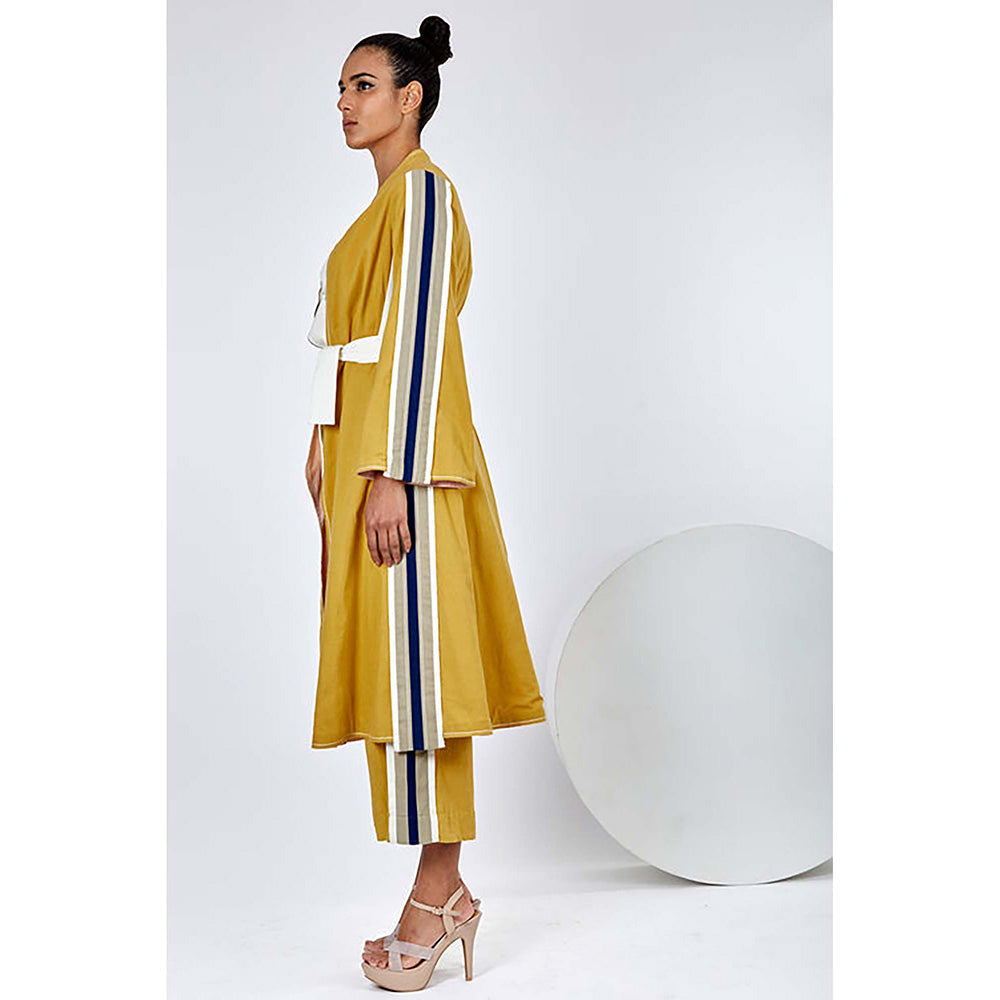 MADDER MUCH Cotton Mustard V-Neck Stripes Top With Palazzo And Jacket