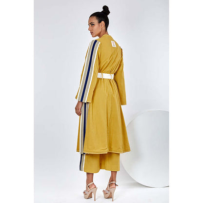 MADDER MUCH Cotton Mustard V-Neck Stripes Top With Palazzo And Jacket