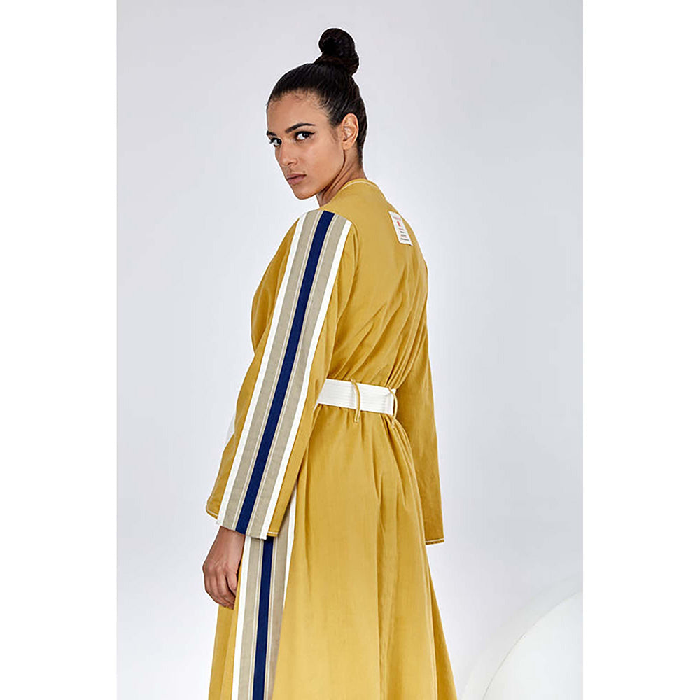 MADDER MUCH Cotton Mustard V-Neck Stripes Top With Palazzo And Jacket