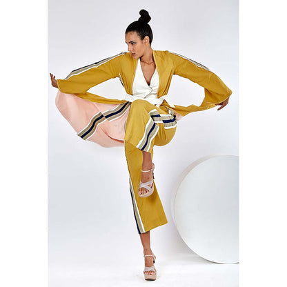 MADDER MUCH Cotton Mustard V-Neck Stripes Top With Palazzo And Jacket