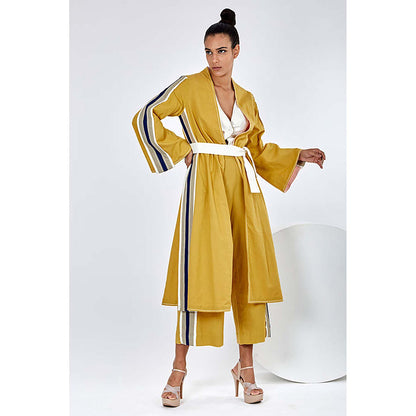 MADDER MUCH Cotton Mustard V-Neck Stripes Top With Palazzo And Jacket