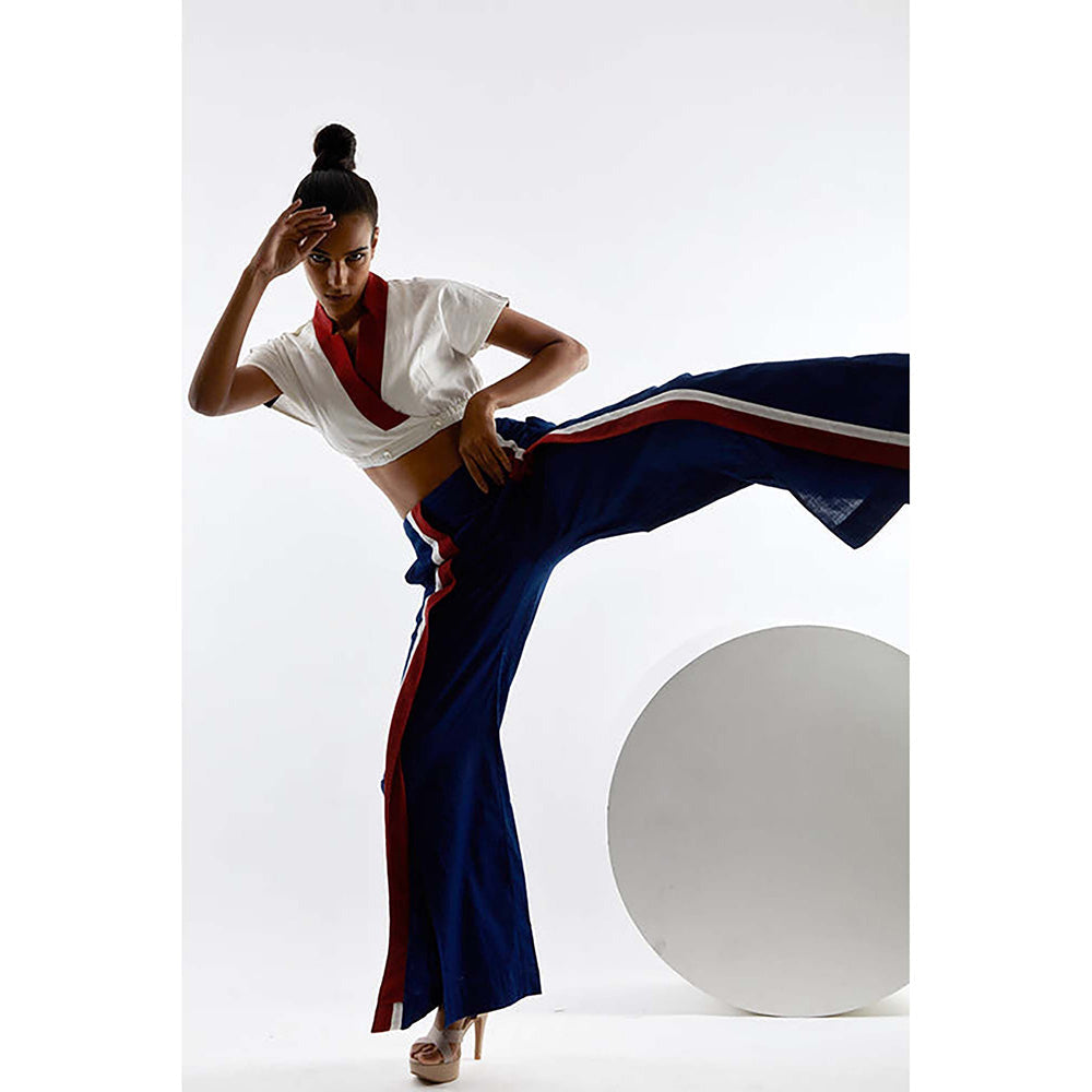 MADDER MUCH Cotton White V-Neck Stripes Top With Pant Co-Ord's