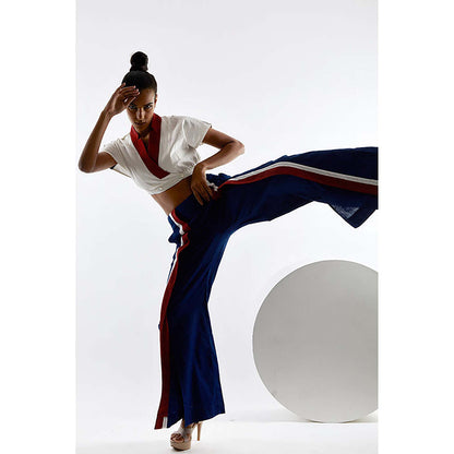 MADDER MUCH Cotton White V-Neck Stripes Top With Pant Co-Ord's