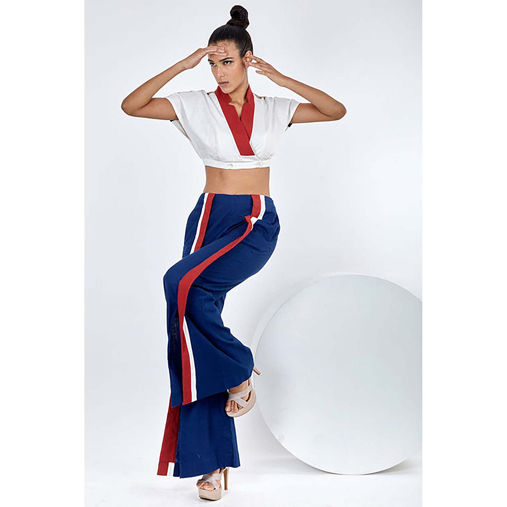 MADDER MUCH Cotton White V-Neck Stripes Top With Pant Co-Ord's