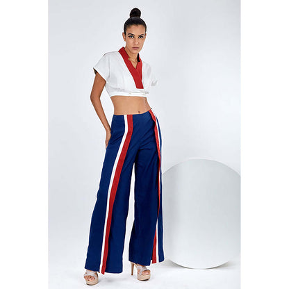 MADDER MUCH Cotton White V-Neck Stripes Top With Pant Co-Ord's