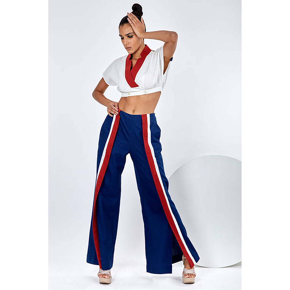 MADDER MUCH Cotton White V-Neck Stripes Top With Pant Co-Ord's