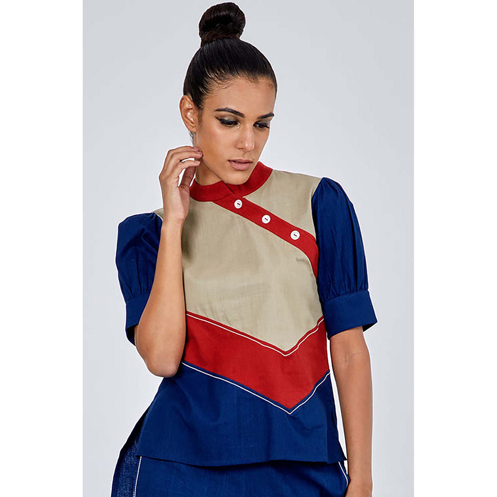 MADDER MUCH Navy Blue Cotton Crew Neck Solid/Plain Top With Pant