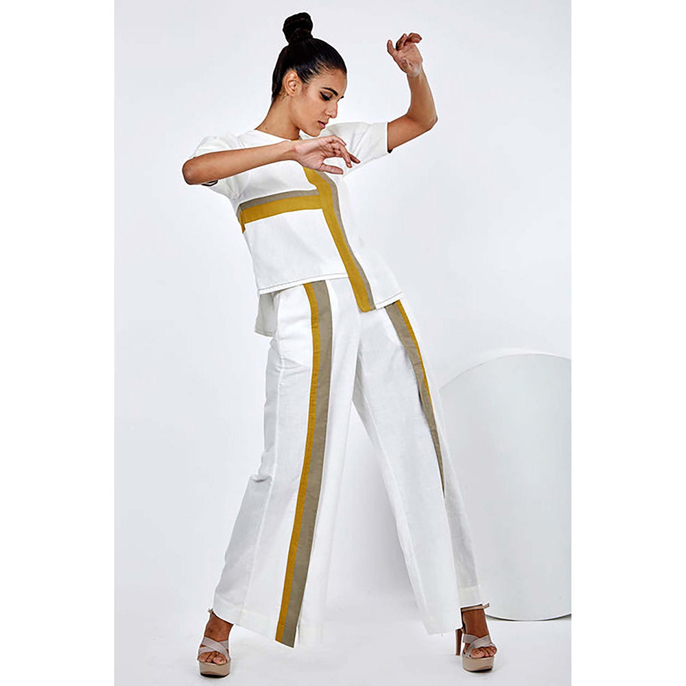 MADDER MUCH Cotton White Crew Neck Stripes Top With Pant Co-Ord's