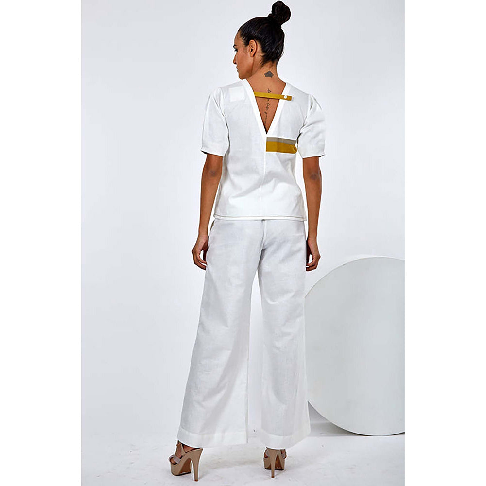 MADDER MUCH Cotton White Crew Neck Stripes Top With Pant Co-Ord's