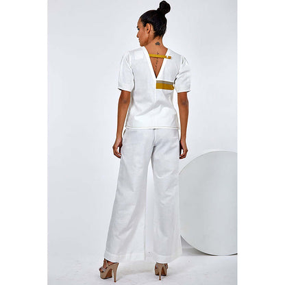 MADDER MUCH Cotton White Crew Neck Stripes Top With Pant Co-Ord's
