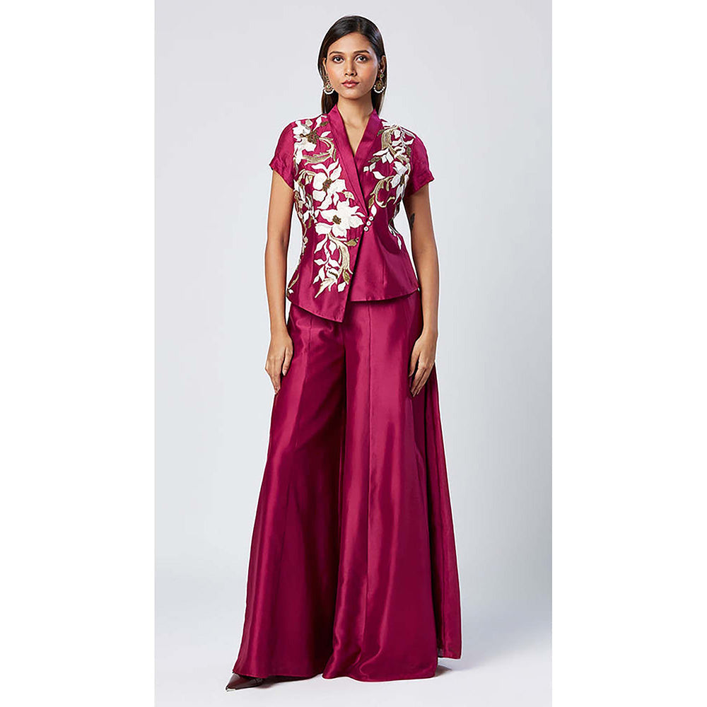 MADDER MUCH Chanderi Silk Magenta V-Neck Embroidered Top With Palazzo Co-Ord's