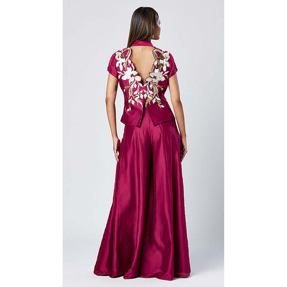 MADDER MUCH Chanderi Silk Magenta V-Neck Embroidered Top With Palazzo Co-Ord's