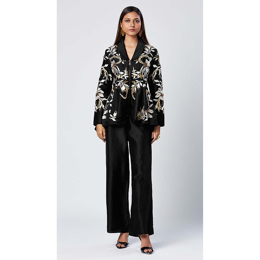 MADDER MUCH Cotton Black V-Neck Embroidered Peplum Top With Pant Co-Ord's