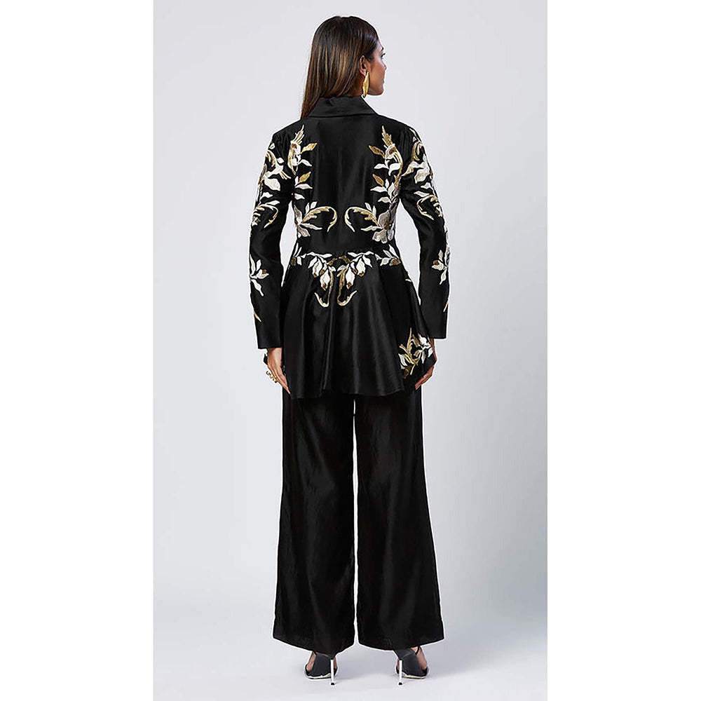 MADDER MUCH Cotton Black V-Neck Embroidered Peplum Top With Pant Co-Ord's