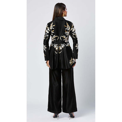 MADDER MUCH Cotton Black V-Neck Embroidered Peplum Top With Pant Co-Ord's