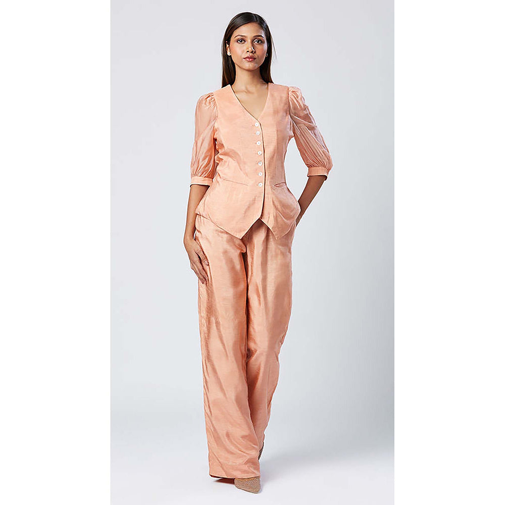 MADDER MUCH Peach Chanderi Silk V-Neck Solid/Plain Waistcoat Top With Pant