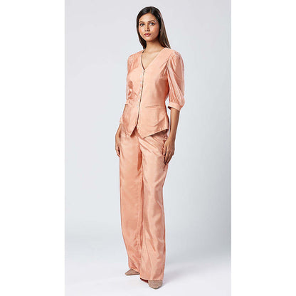 MADDER MUCH Peach Chanderi Silk V-Neck Solid/Plain Waistcoat Top With Pant