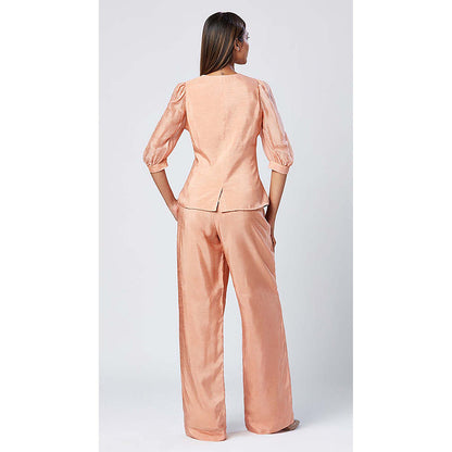 MADDER MUCH Peach Chanderi Silk V-Neck Solid/Plain Waistcoat Top With Pant