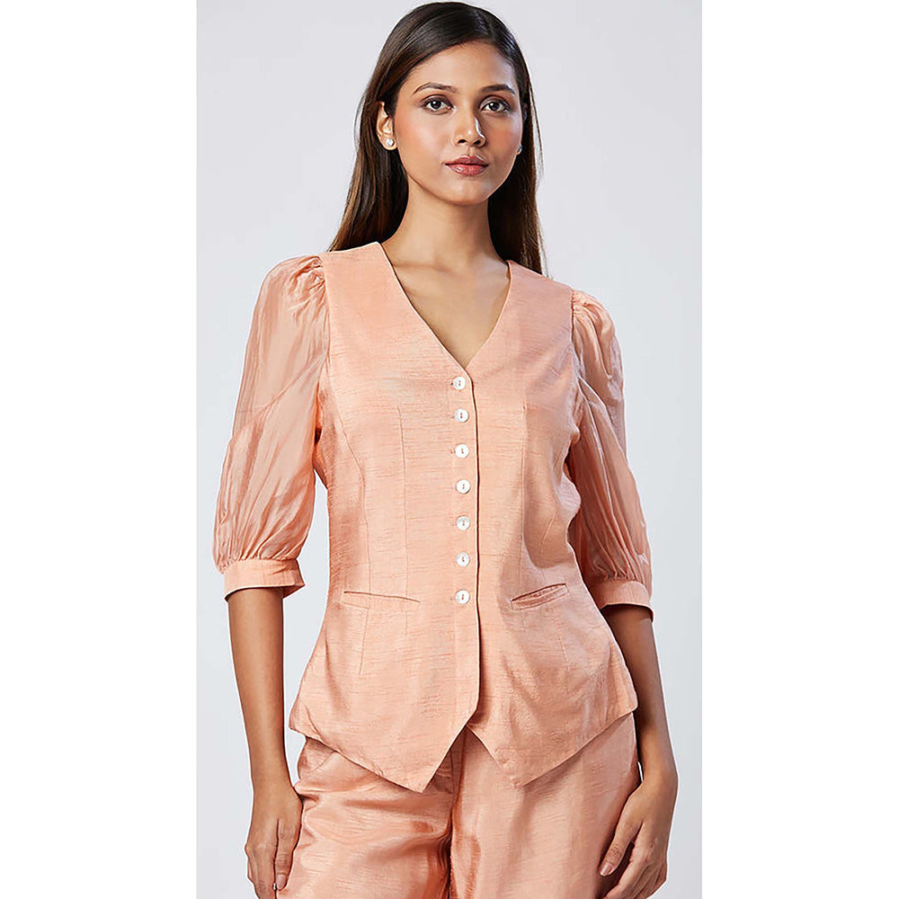 MADDER MUCH Peach Chanderi Silk V-Neck Solid/Plain Waistcoat Top With Pant